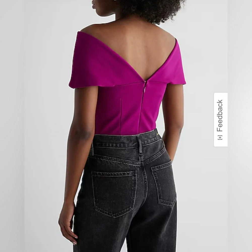 Express Fitted Ponte Sweetheart Neckline Off The Shoulder Red Bodysuit. SKU 139 - Picture 2 of 11